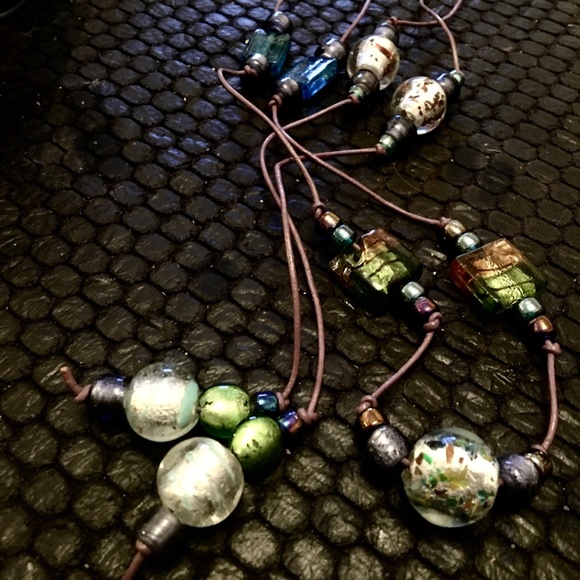 Recycles Jewelry - SALE! Leather and Handmade Lamp-work Bead Lariat- small imperfection